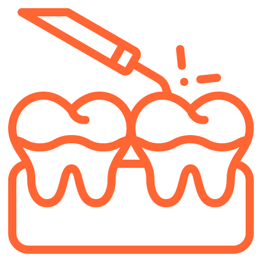 Outline of an upper dental arch with braces and a dental tool approaching the teeth.