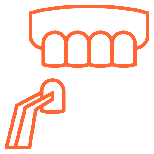 Outline of an upper dental arch with braces and a dental tool approaching the teeth.