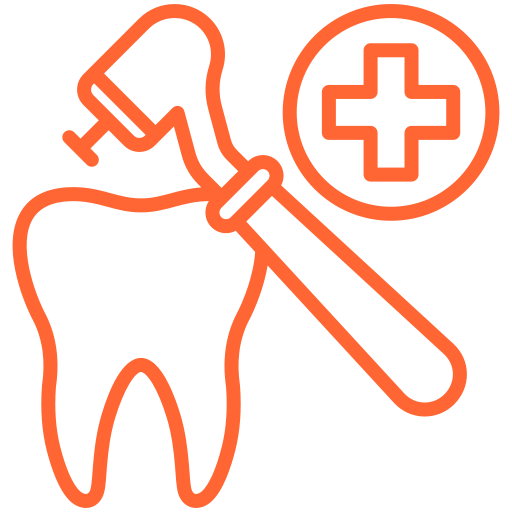 Orange outline of a tooth with a dental extraction tool and a medical cross, symbolizing dental care. (informative)