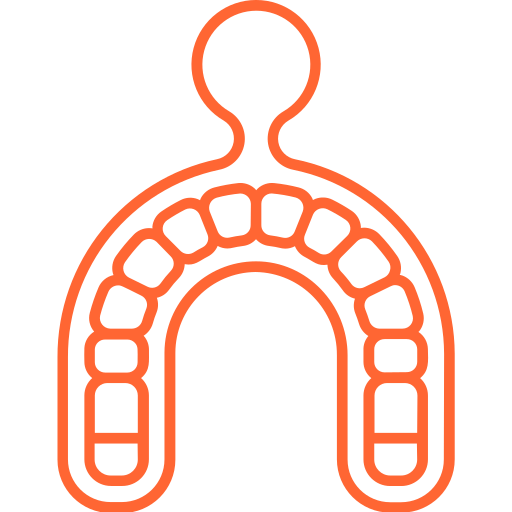 Outline of an upper dental arch showing individual teeth in orange lines, set against a black background.