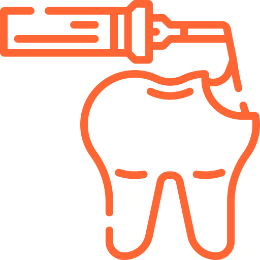 Orange line drawing of a syringe approaching a molar tooth, symbolizing dental anesthesia or injection procedure