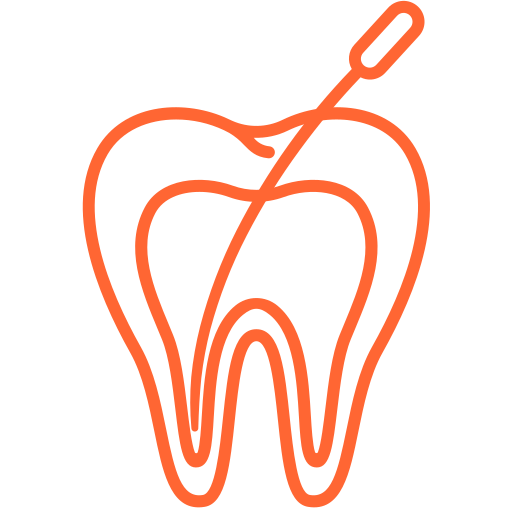 Orange line drawing of a tooth with a dental file entering from the top right.