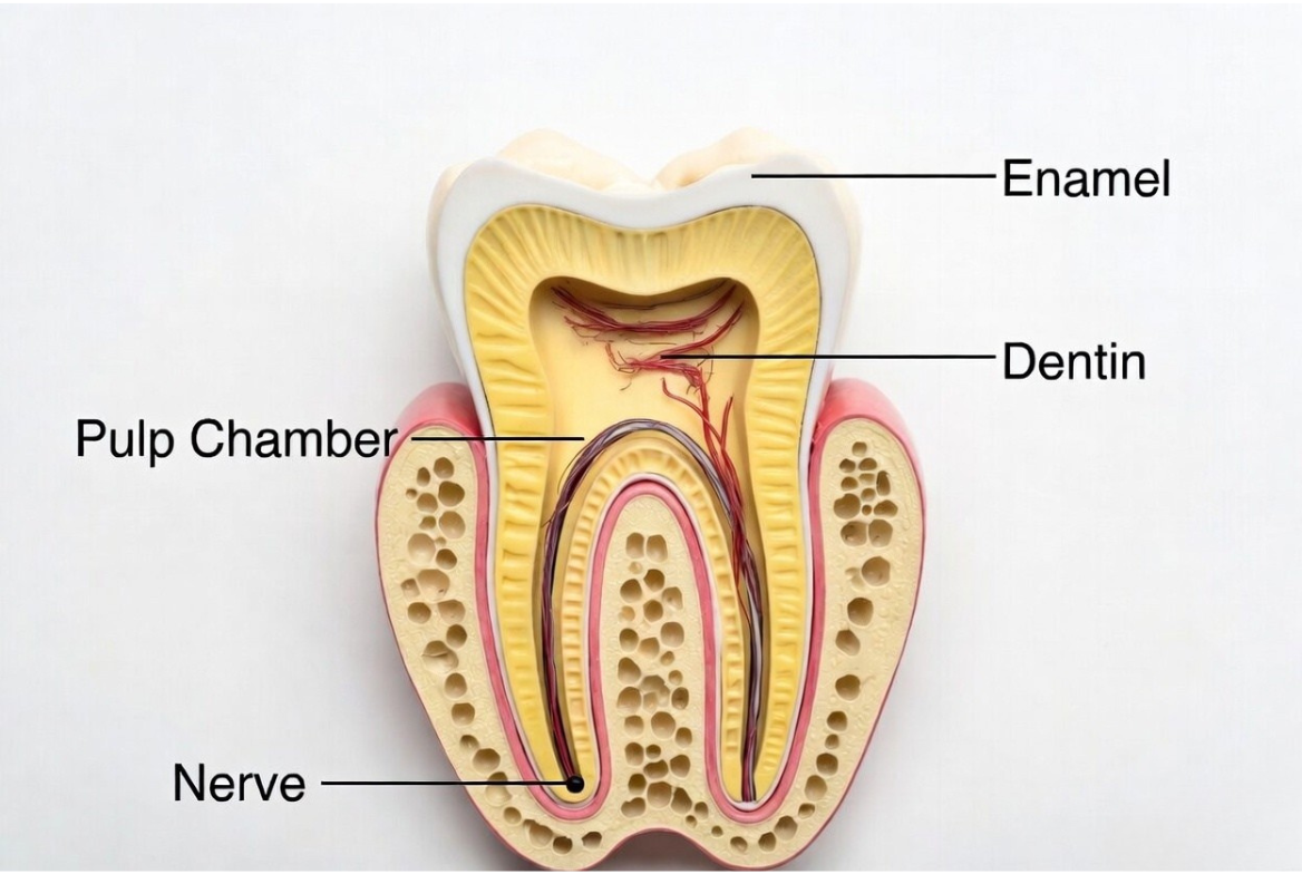 "Cross-section diagram of a tooth showing enamel, dentin tubules and the nerve, explaining how whitening agents reach the nerve."