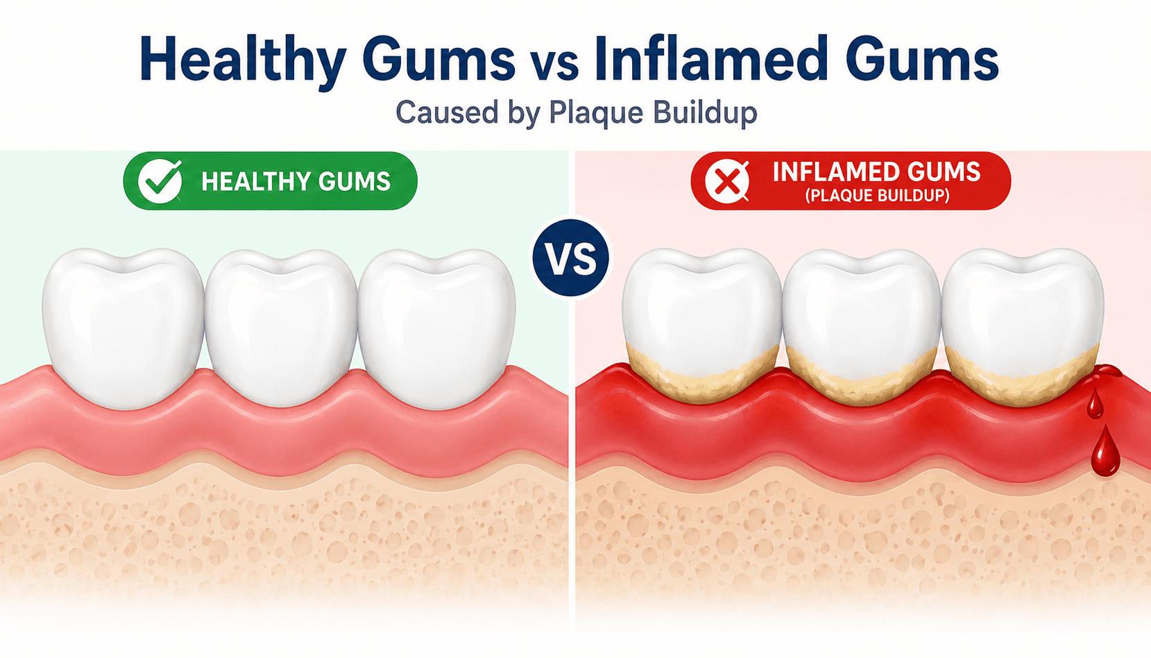 Comparison of healthy gums and inflamed bleeding gums caused by plaque buildup