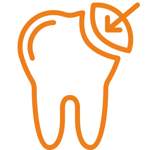 Orange outline icon of a tooth with a leaf and a curved arrow, representing eco-friendly dental care.