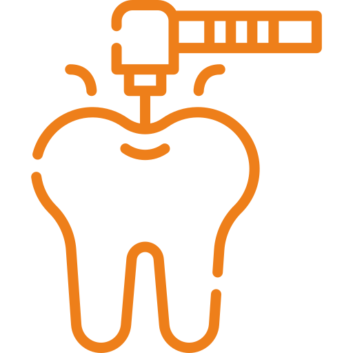 Orange illustration of a dental drill over a tooth, symbolizing tooth drilling or cavity treatment.
