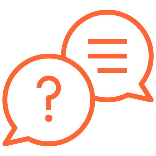 Two overlapping chat bubbles: one with a question mark, the other with lines, symbolizing help or a Q&A chat.