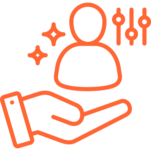 Hand offering support to a user icon with settings sliders and sparkles, symbolizing personalized user assistance.