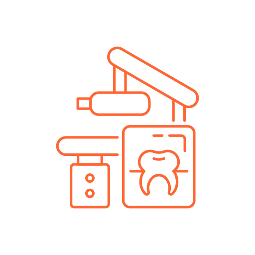 Orange-outline illustration of a dental 3D printer with an arm and a monitor showing a tooth model, set against a black background.