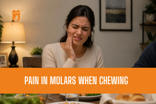 Woman grimacing in pain while touching her jaw during a meal; banner reads 'PAIN IN MOLARS WHEN CHEWING'.