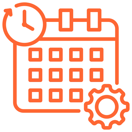 Calendar icon with a clock overlay and a gear, indicating scheduling/settings