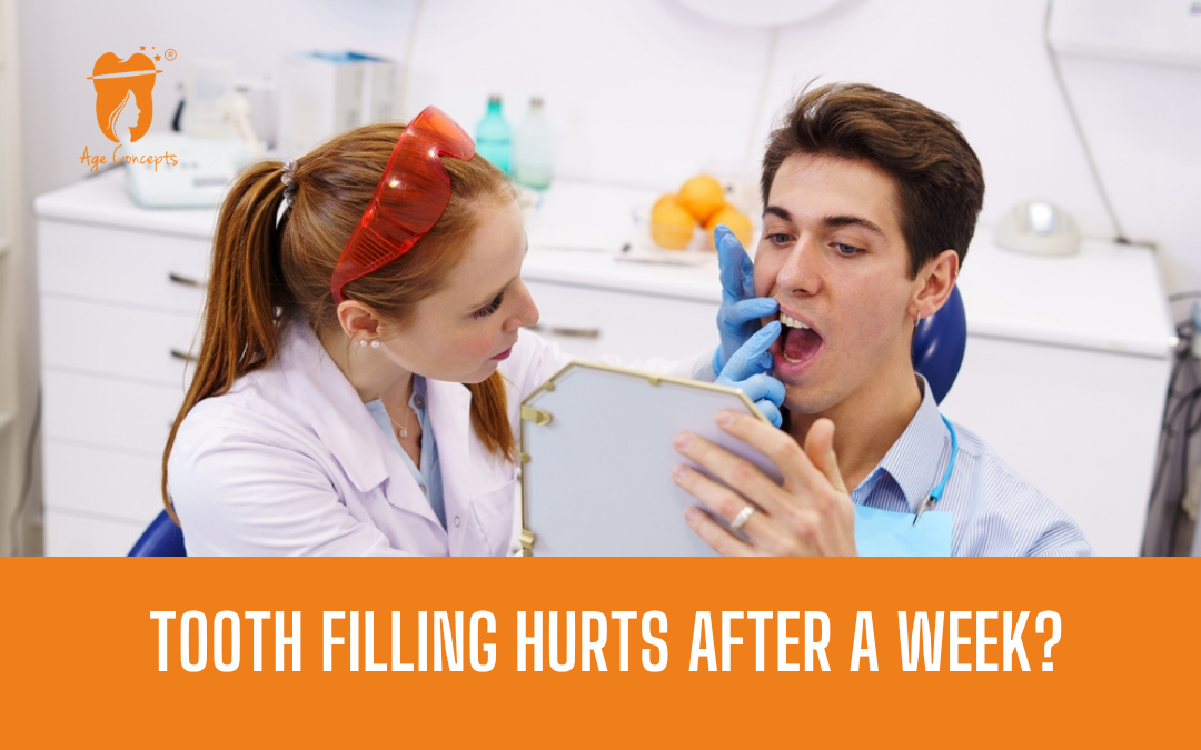 Dentist in a white coat and blue gloves examines a male patient's mouth while showing a mirror; an orange banner at the bottom reads 'TOOTH FILLING HURTS AFTER A WEEK?'