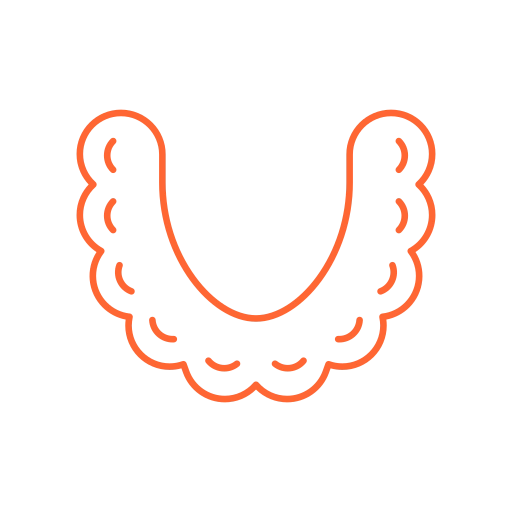 Orange outline of a U-shaped dental retainer or mouthguard with scalloped edges on a black background.